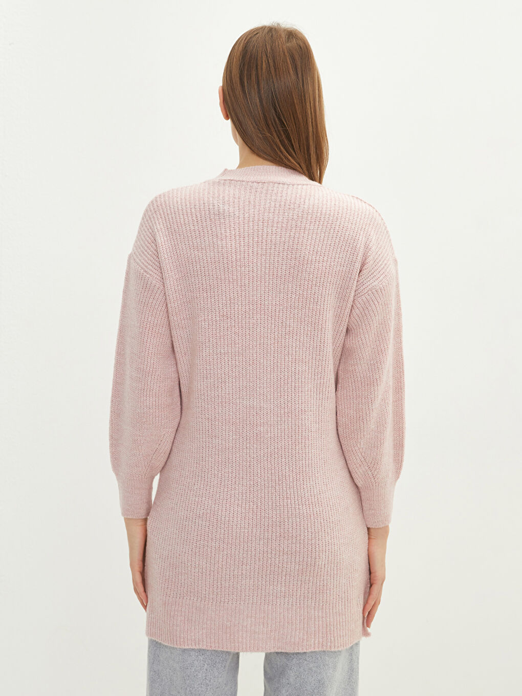 Pembe Bisiklet Yaka Düz Uzun Kollu Kadın Triko Tunik-4