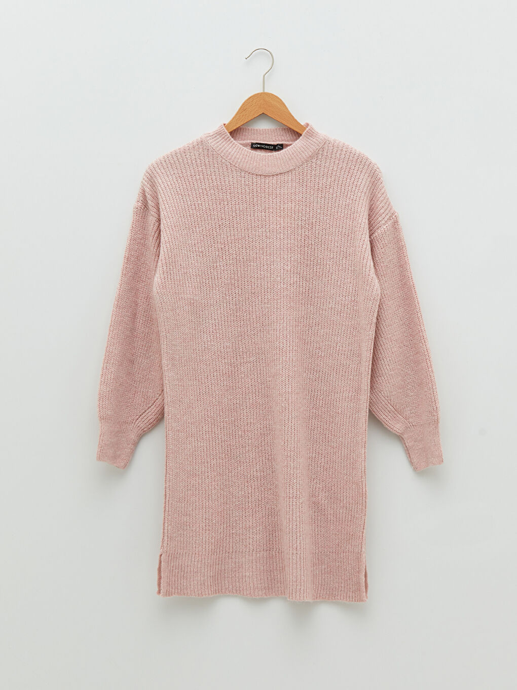 Pembe Bisiklet Yaka Düz Uzun Kollu Kadın Triko Tunik-5