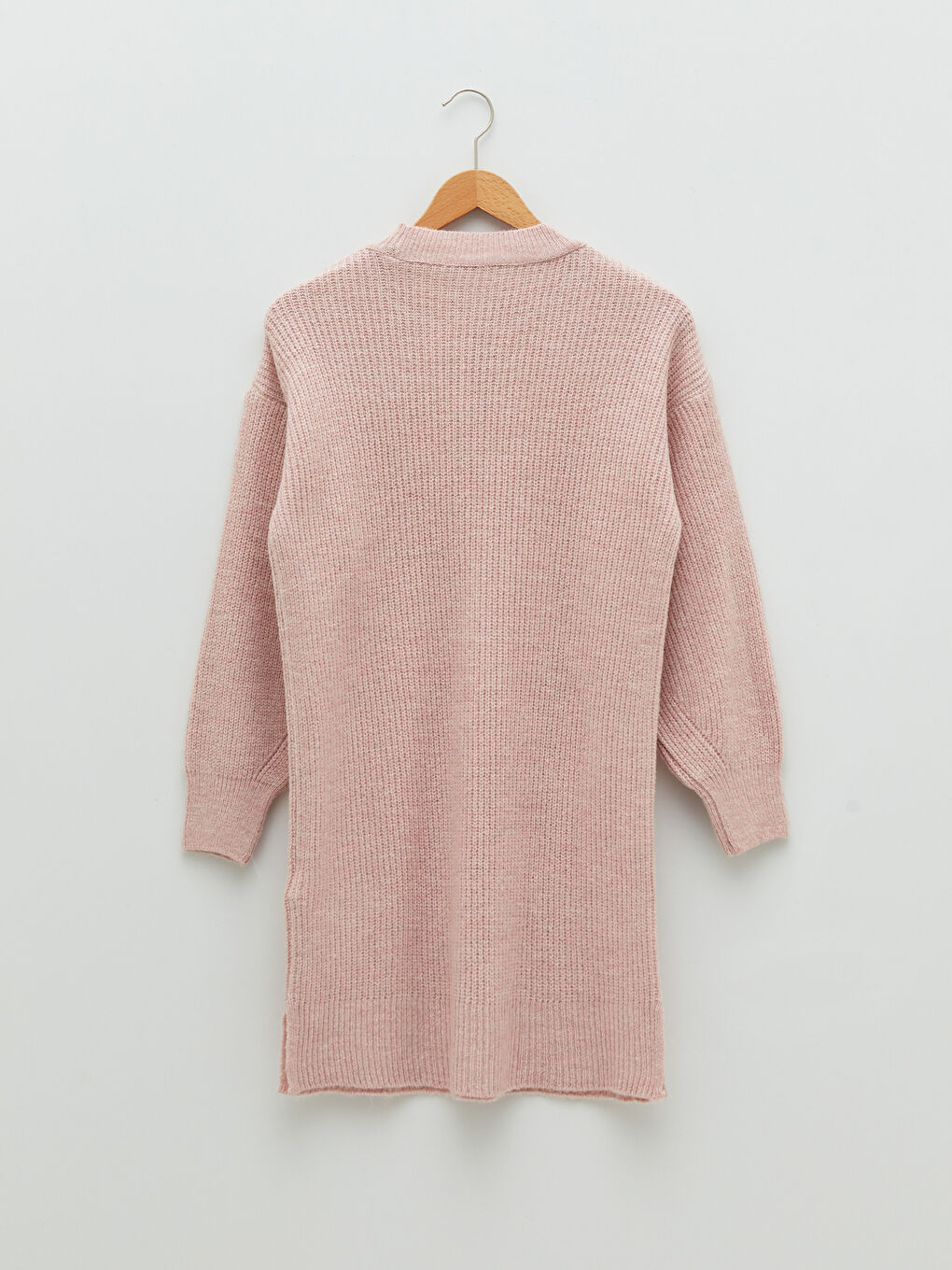 Pembe Bisiklet Yaka Düz Uzun Kollu Kadın Triko Tunik-6