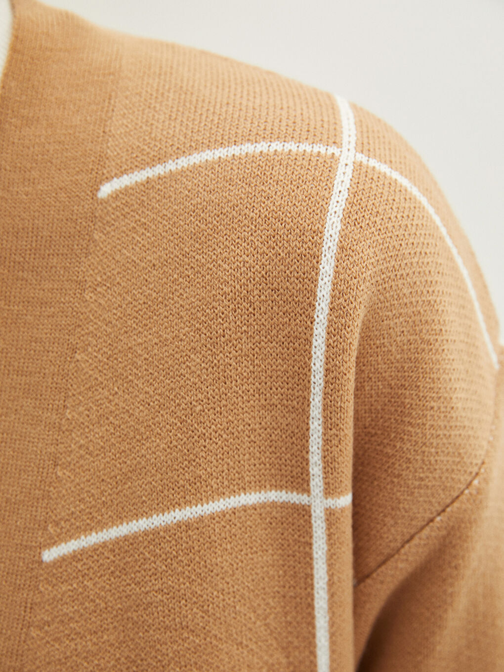 Bej Şal Yaka Ekose Uzun Kollu Kadın Triko Hırka-3