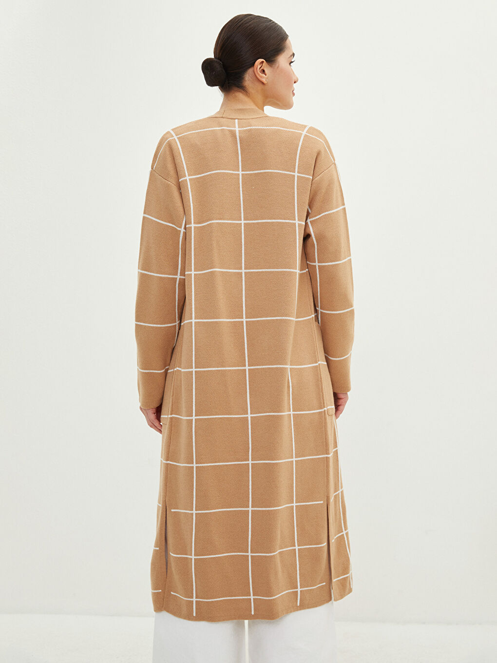 Bej Şal Yaka Ekose Uzun Kollu Kadın Triko Hırka-4