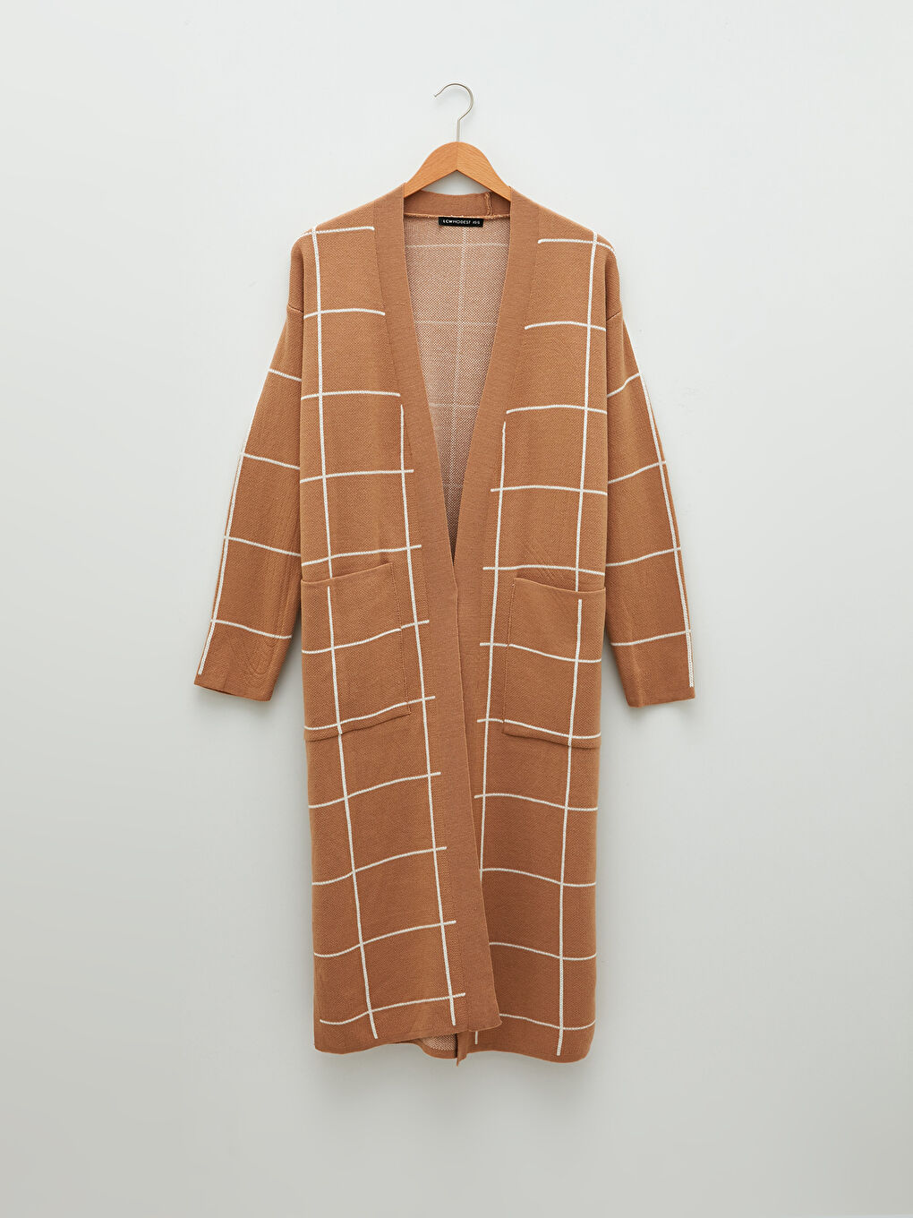 Bej Şal Yaka Ekose Uzun Kollu Kadın Triko Hırka-5