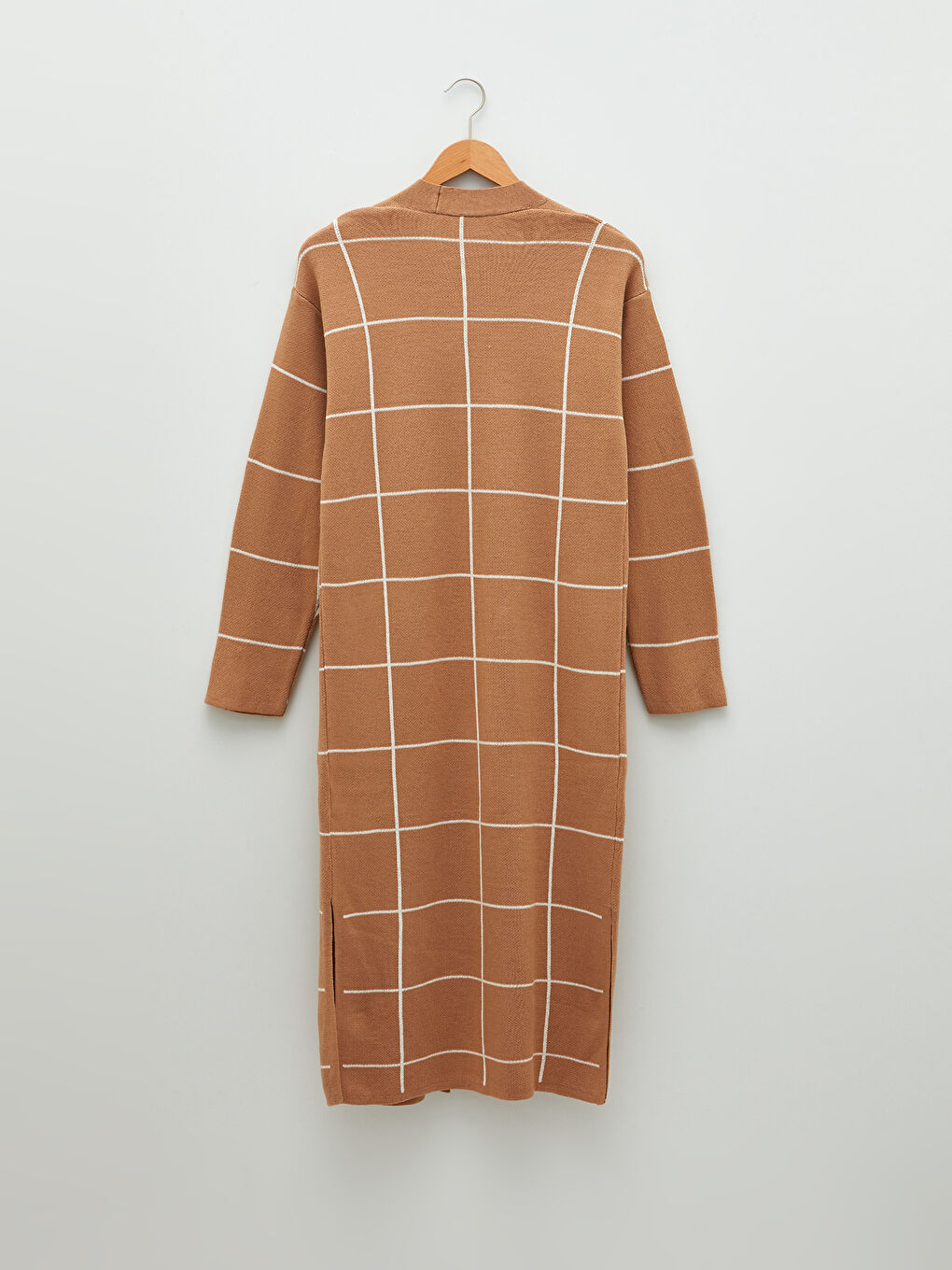 Bej Şal Yaka Ekose Uzun Kollu Kadın Triko Hırka-6