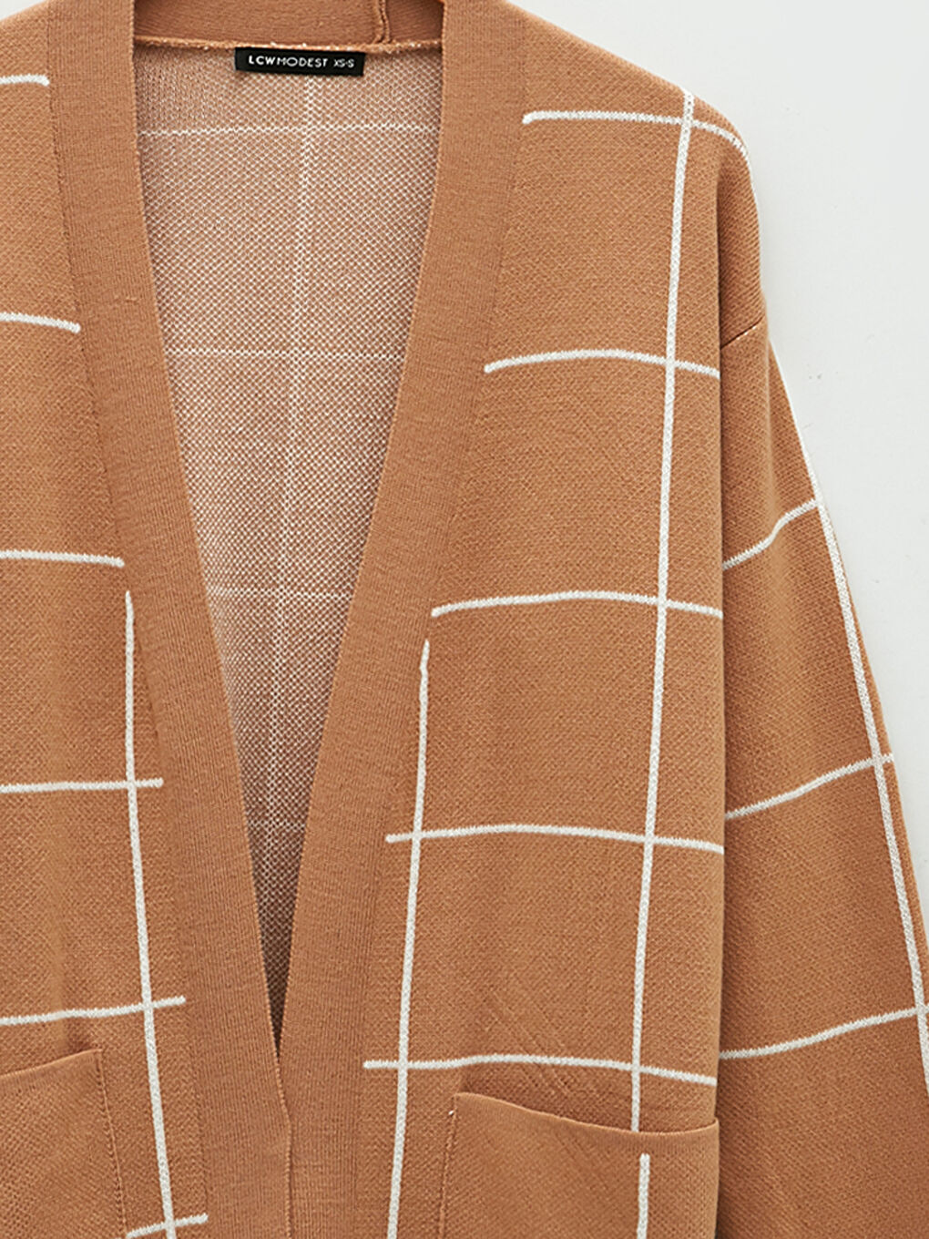 Bej Şal Yaka Ekose Uzun Kollu Kadın Triko Hırka-7