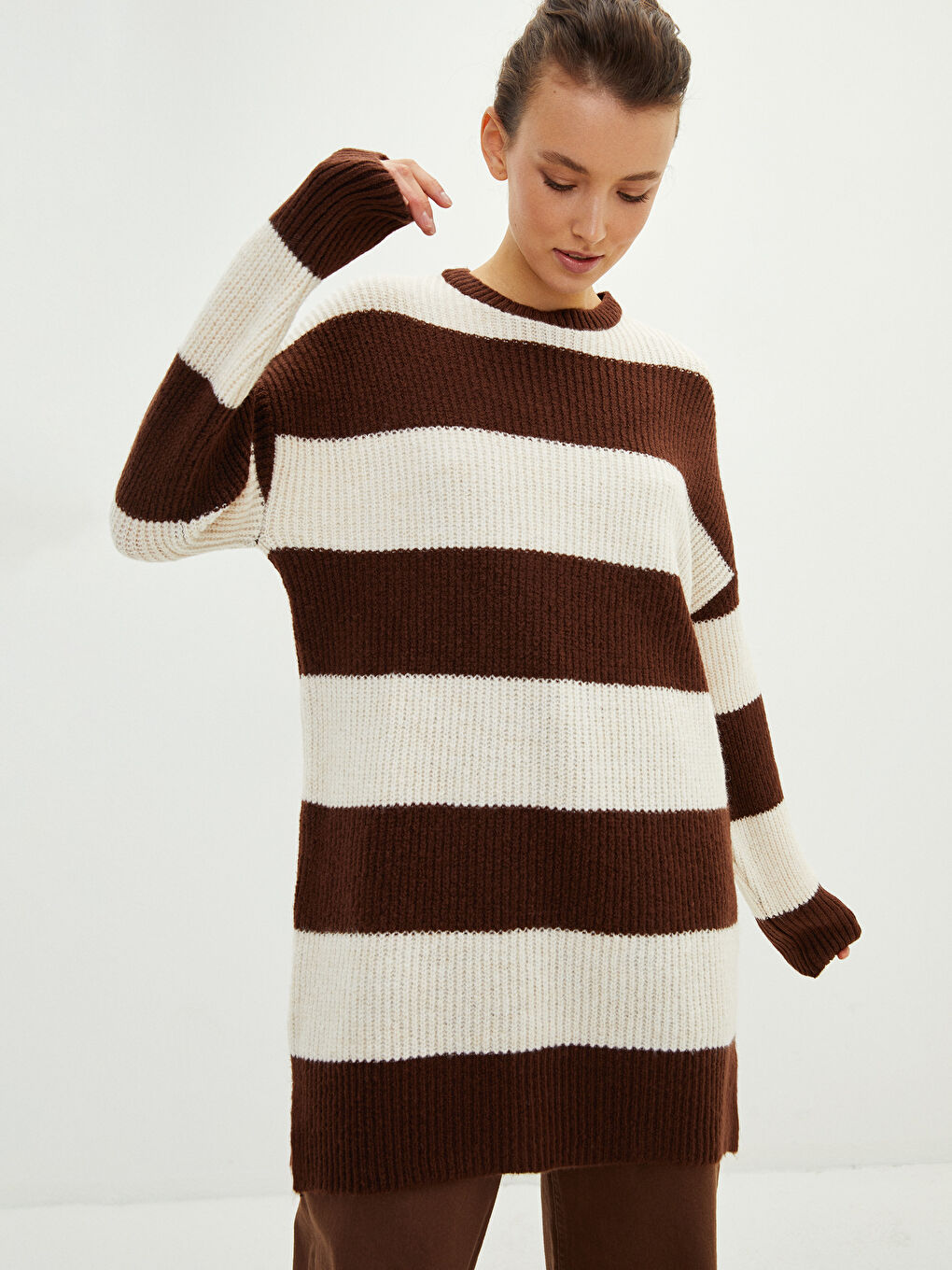 Kahverengi Bisiklet Yaka Renk Bloklu Uzun Kollu Kadın Triko Tunik-1