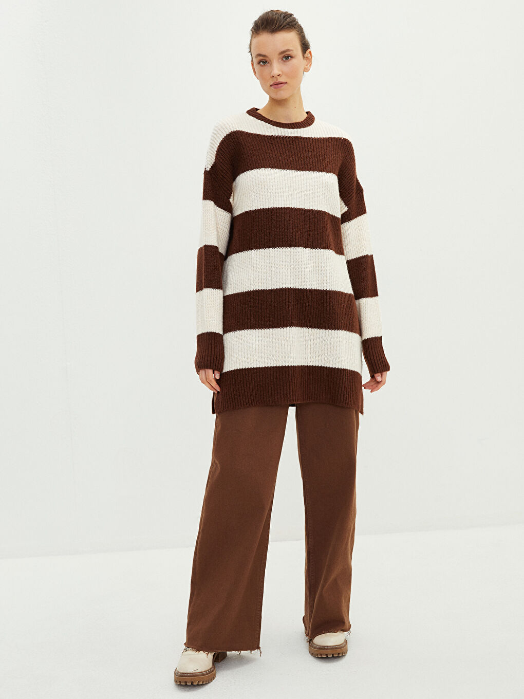 Kahverengi Bisiklet Yaka Renk Bloklu Uzun Kollu Kadın Triko Tunik-3