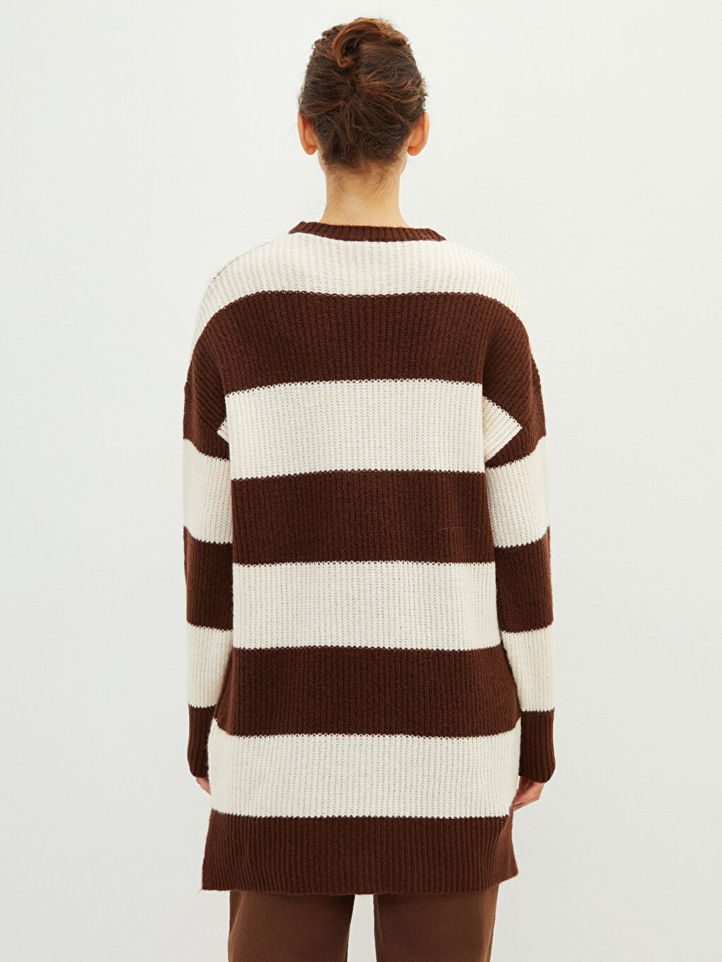 Kahverengi Bisiklet Yaka Renk Bloklu Uzun Kollu Kadın Triko Tunik-7