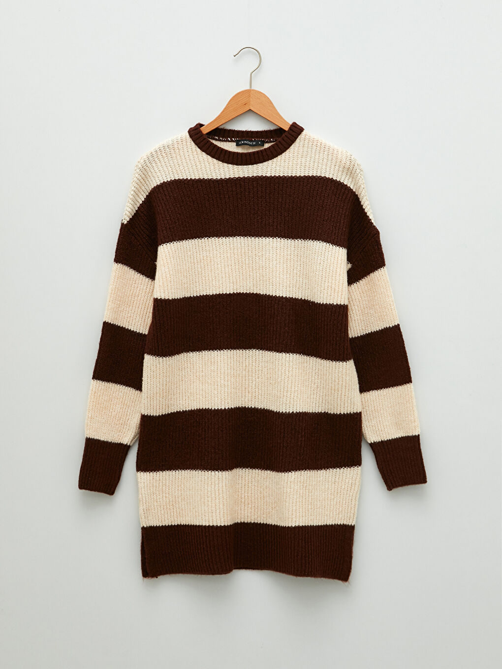 Kahverengi Bisiklet Yaka Renk Bloklu Uzun Kollu Kadın Triko Tunik-8