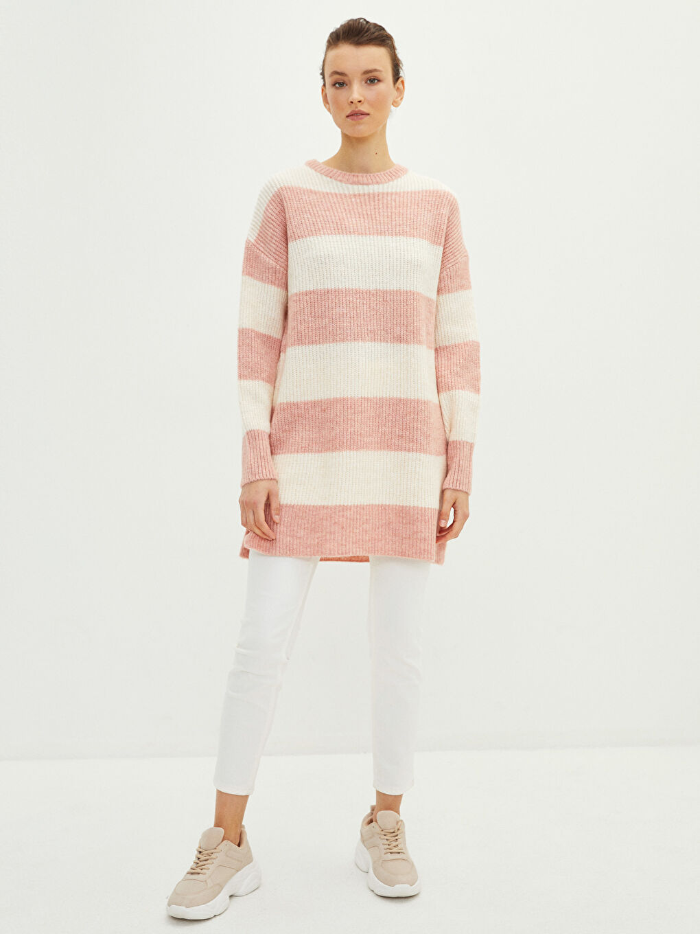 Туніка з круглим вирізом горловини, колор-блок, довгий рукав, трикотажна для жінок-1