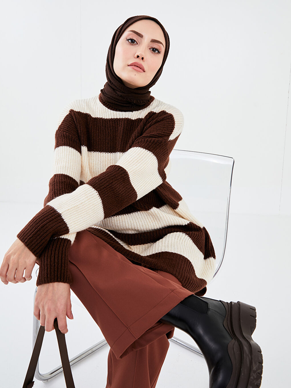 Kahverengi Bisiklet Yaka Renk Bloklu Uzun Kollu Kadın Triko Tunik-2