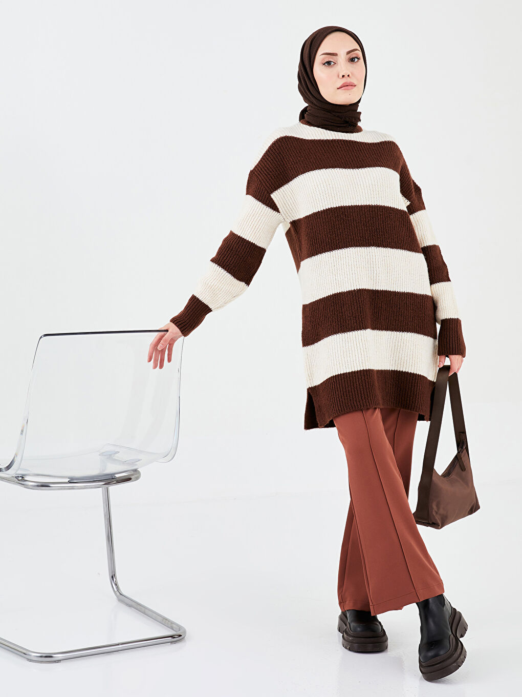 Kahverengi Bisiklet Yaka Renk Bloklu Uzun Kollu Kadın Triko Tunik-4