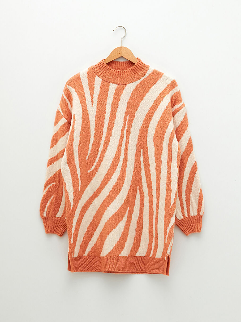 Pembe Dik Yaka Desenli Uzun Kollu Kadın Triko Tunik-6