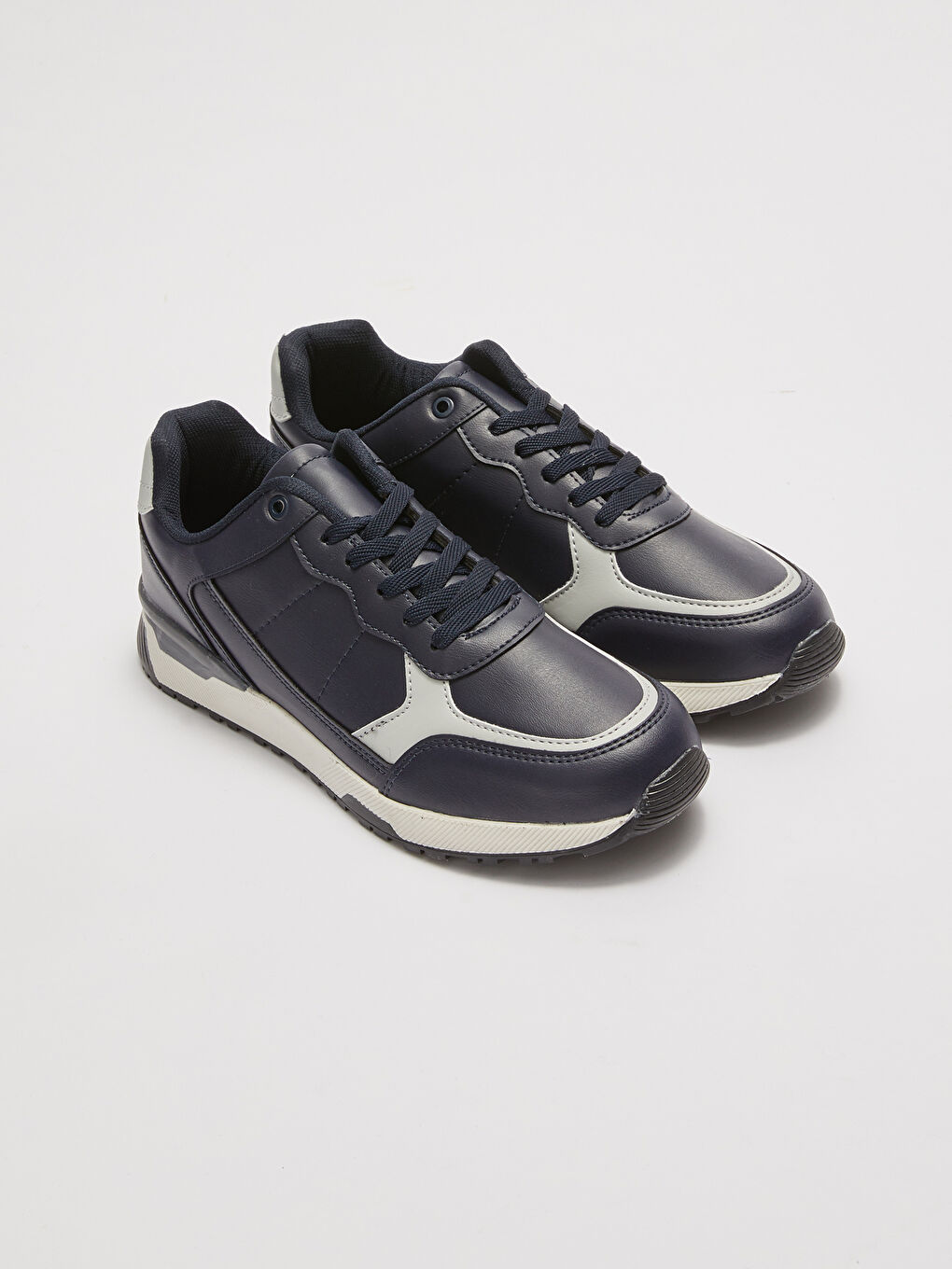 Lacivert Deri Görünümlü Renk Bloklu Bağcıklı Erkek Spor Ayakkabı