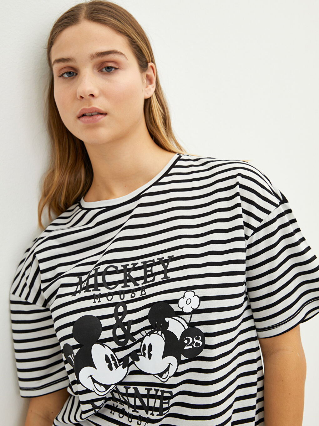 LC WAIKIKI Plus Size Crew Neck Striped Mickey Mouse Printed Short Sleeve Women's T-Shirt -W1KS39Z8-LQJ