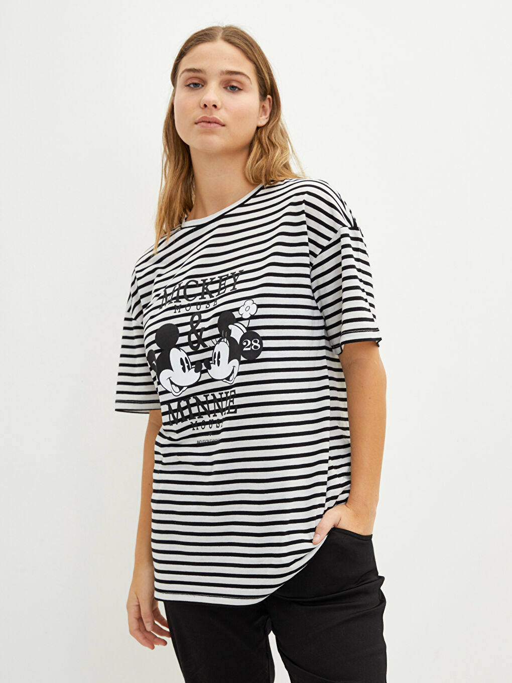 LC WAIKIKI Plus Size Crew Neck Striped Mickey Mouse Printed Short Sleeve Women's T-Shirt -W1KS39Z8-LQJ