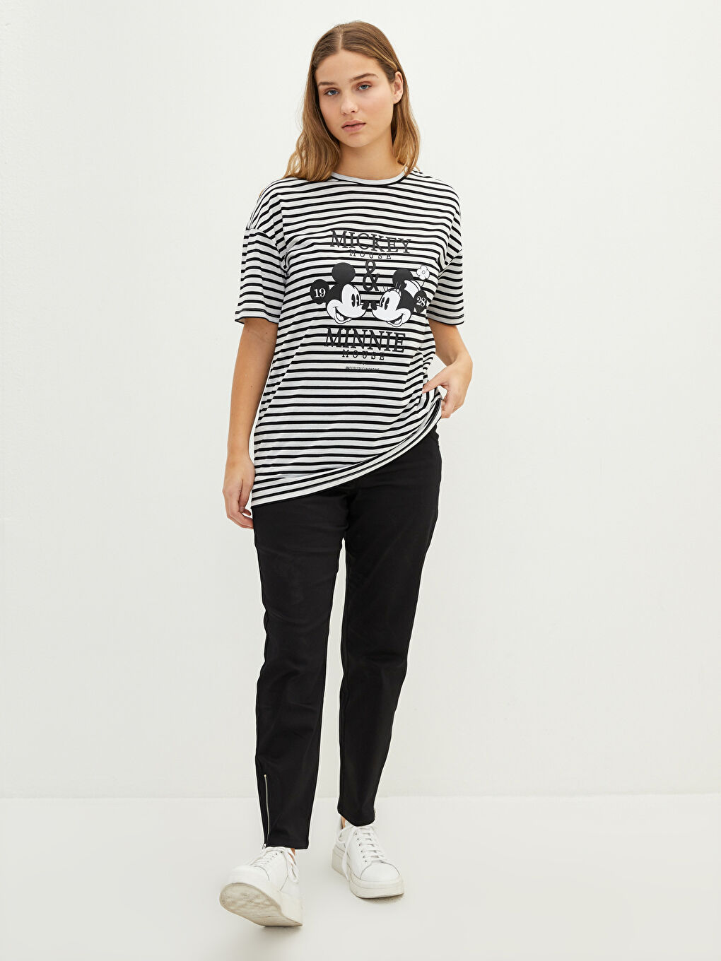 LC WAIKIKI Plus Size Crew Neck Striped Mickey Mouse Printed Short Sleeve Women's T-Shirt -W1KS39Z8-LQJ