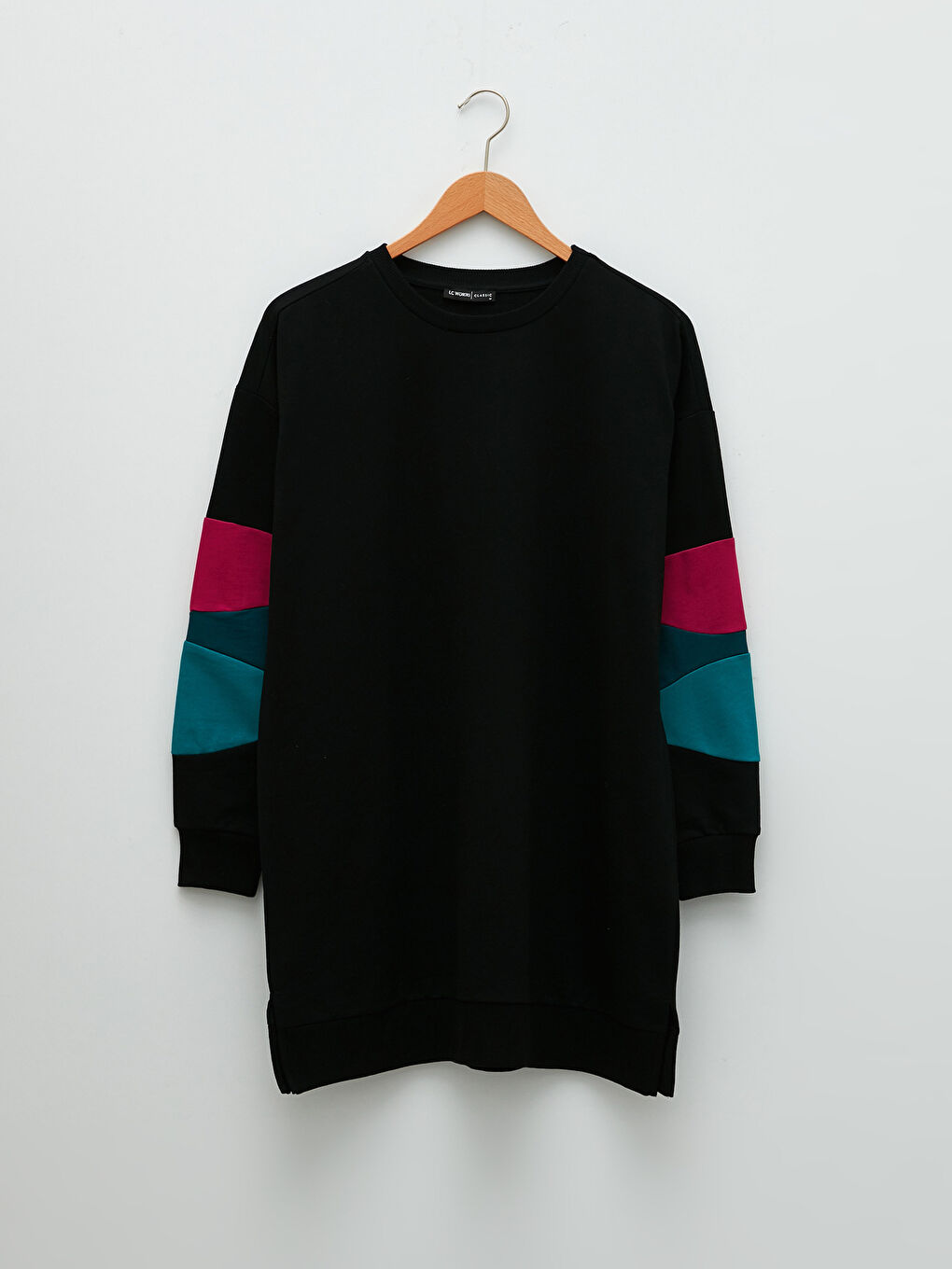 Siyah Bisiklet Yaka Renk Bloklu Uzun Kollu Oversize Kadın Sweatshirt Tunik-5