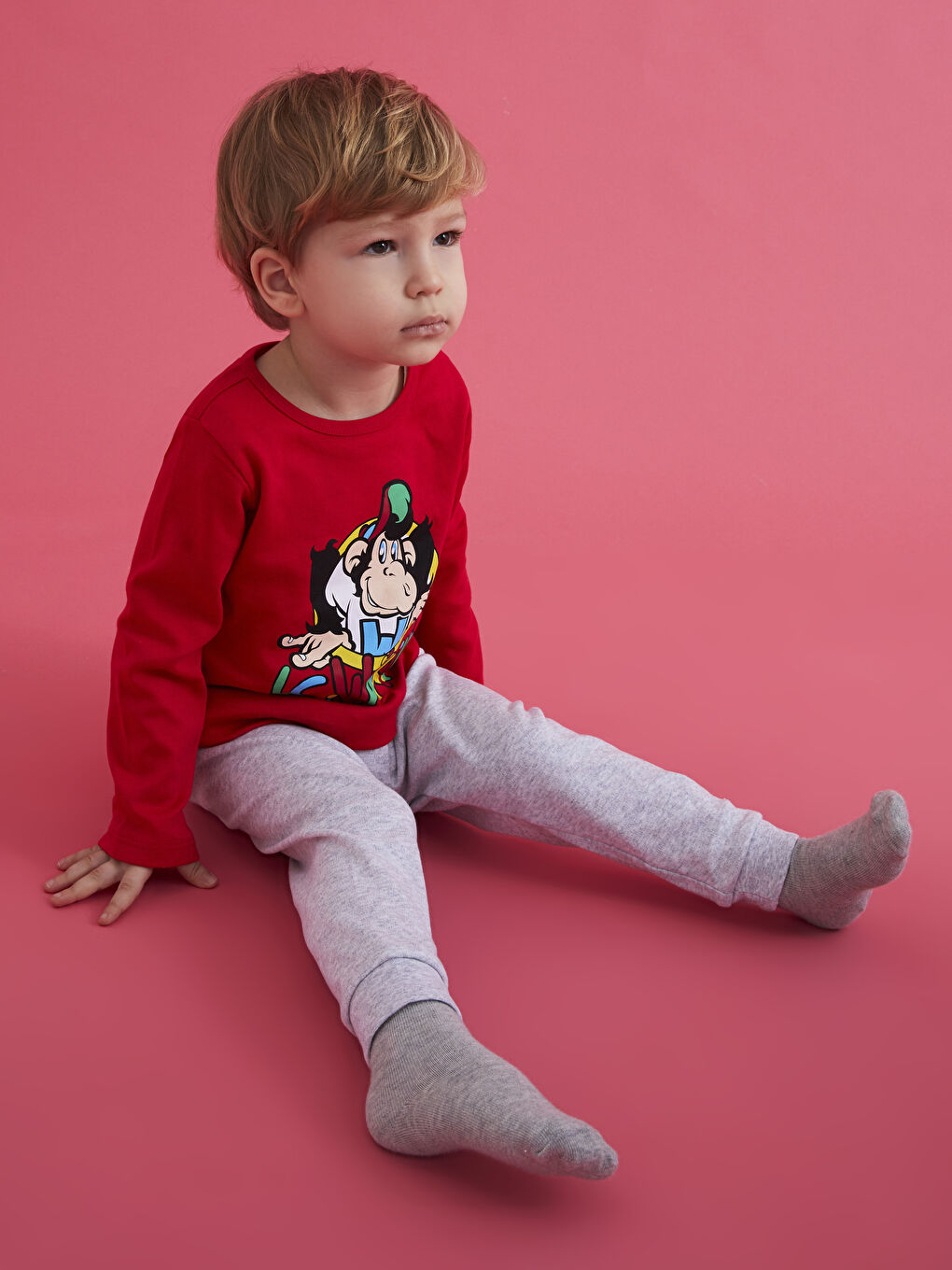 Kırmızı Bisiklet Yaka Uzun Kollu Nostaljik Maymun Baskılı Pamuklu Erkek Bebek Pijama Takım-1