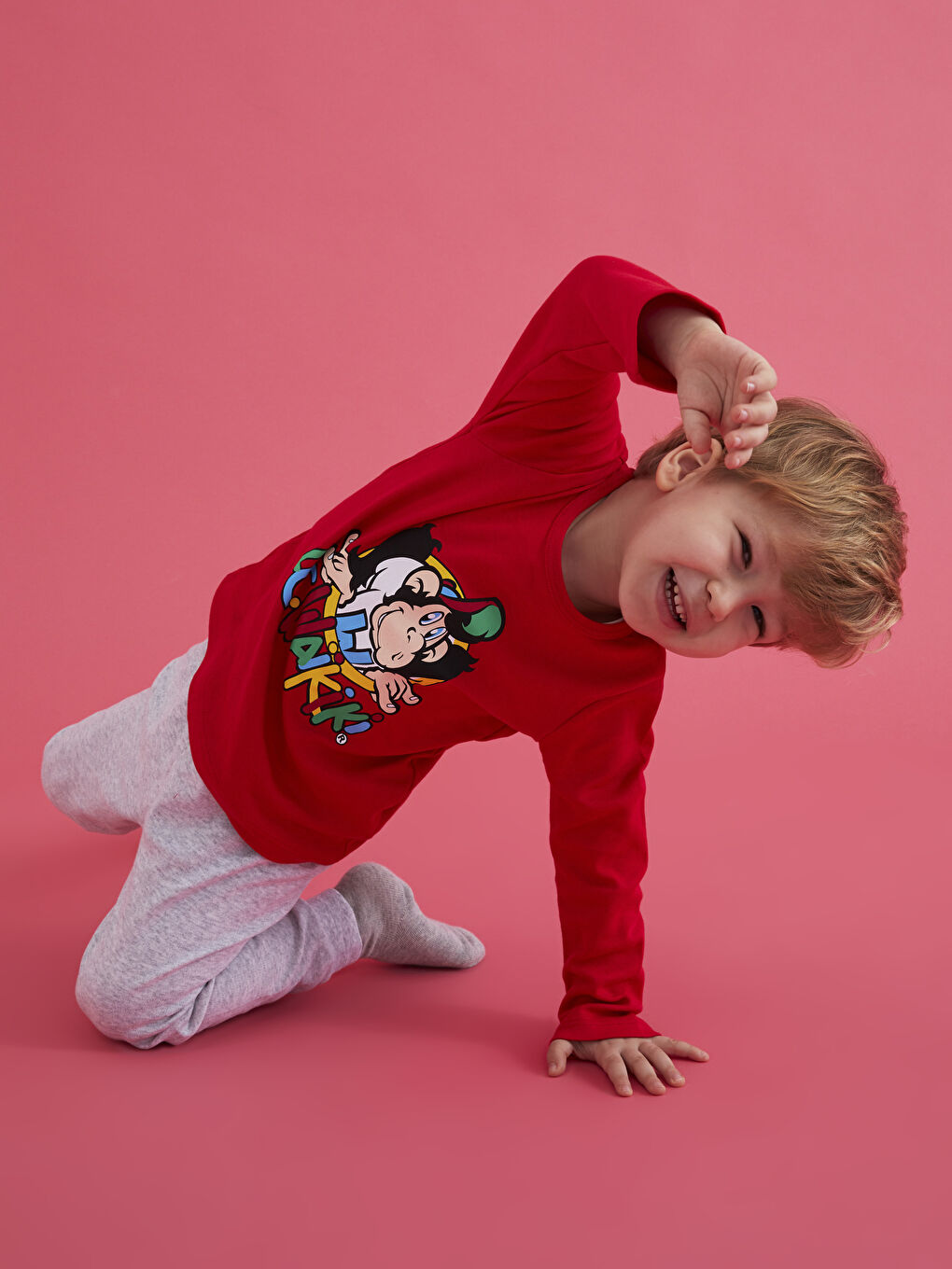 Kırmızı Bisiklet Yaka Uzun Kollu Nostaljik Maymun Baskılı Pamuklu Erkek Bebek Pijama Takım-2