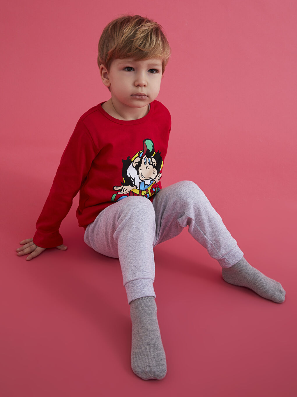 Kırmızı Bisiklet Yaka Uzun Kollu Nostaljik Maymun Baskılı Pamuklu Erkek Bebek Pijama Takım-3