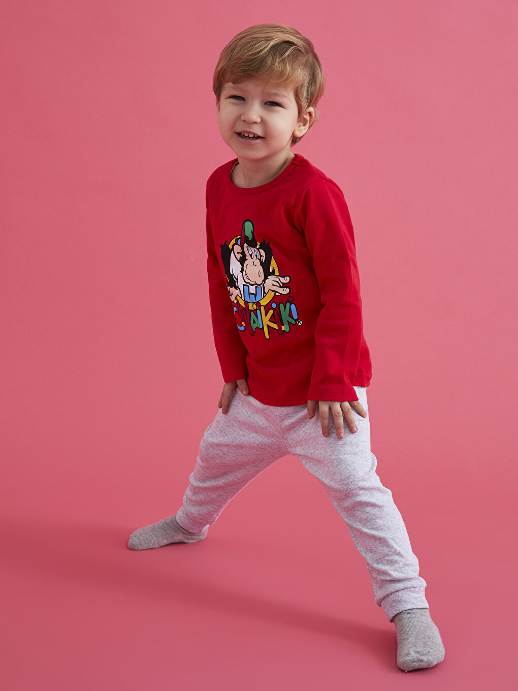 Kırmızı Bisiklet Yaka Uzun Kollu Nostaljik Maymun Baskılı Pamuklu Erkek Bebek Pijama Takım