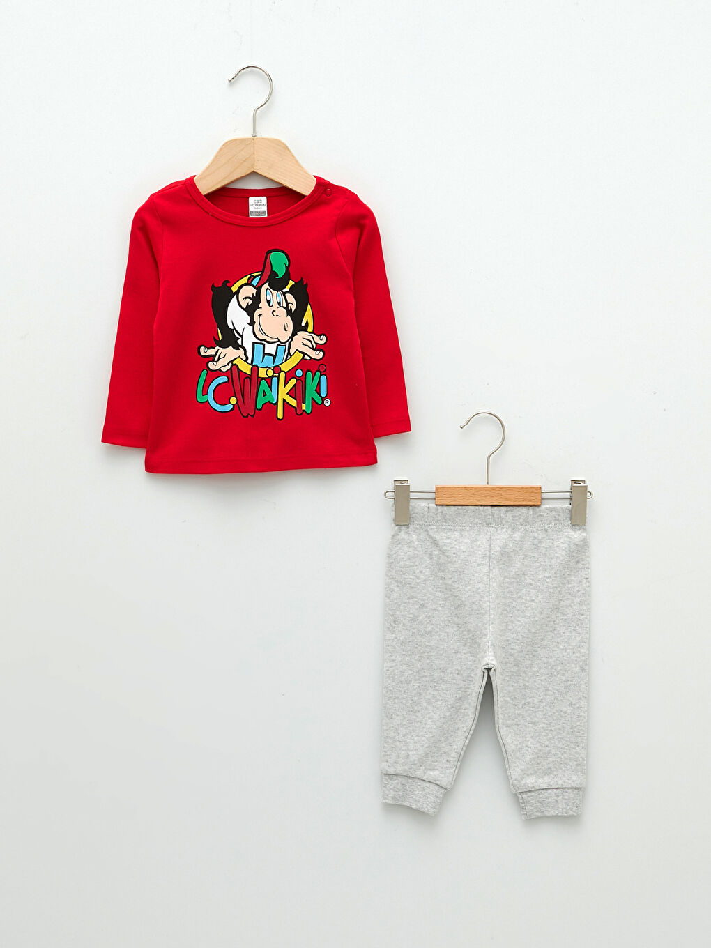 Kırmızı Bisiklet Yaka Uzun Kollu Nostaljik Maymun Baskılı Pamuklu Erkek Bebek Pijama Takım-4