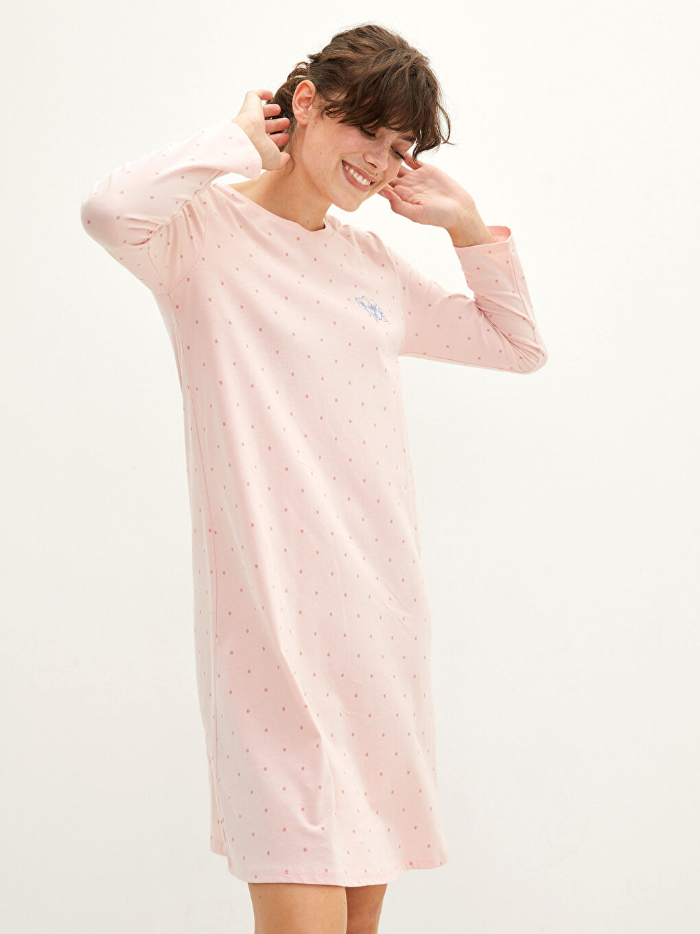 Petite Crew Neck Polka Dot Long Sleeve Cotton Women's Nightgown-1