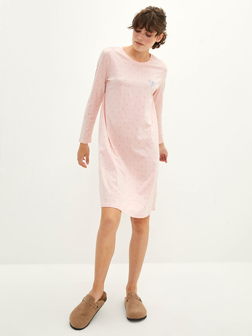 Petite Crew Neck Polka Dot Long Sleeve Cotton Women's Nightgown-3