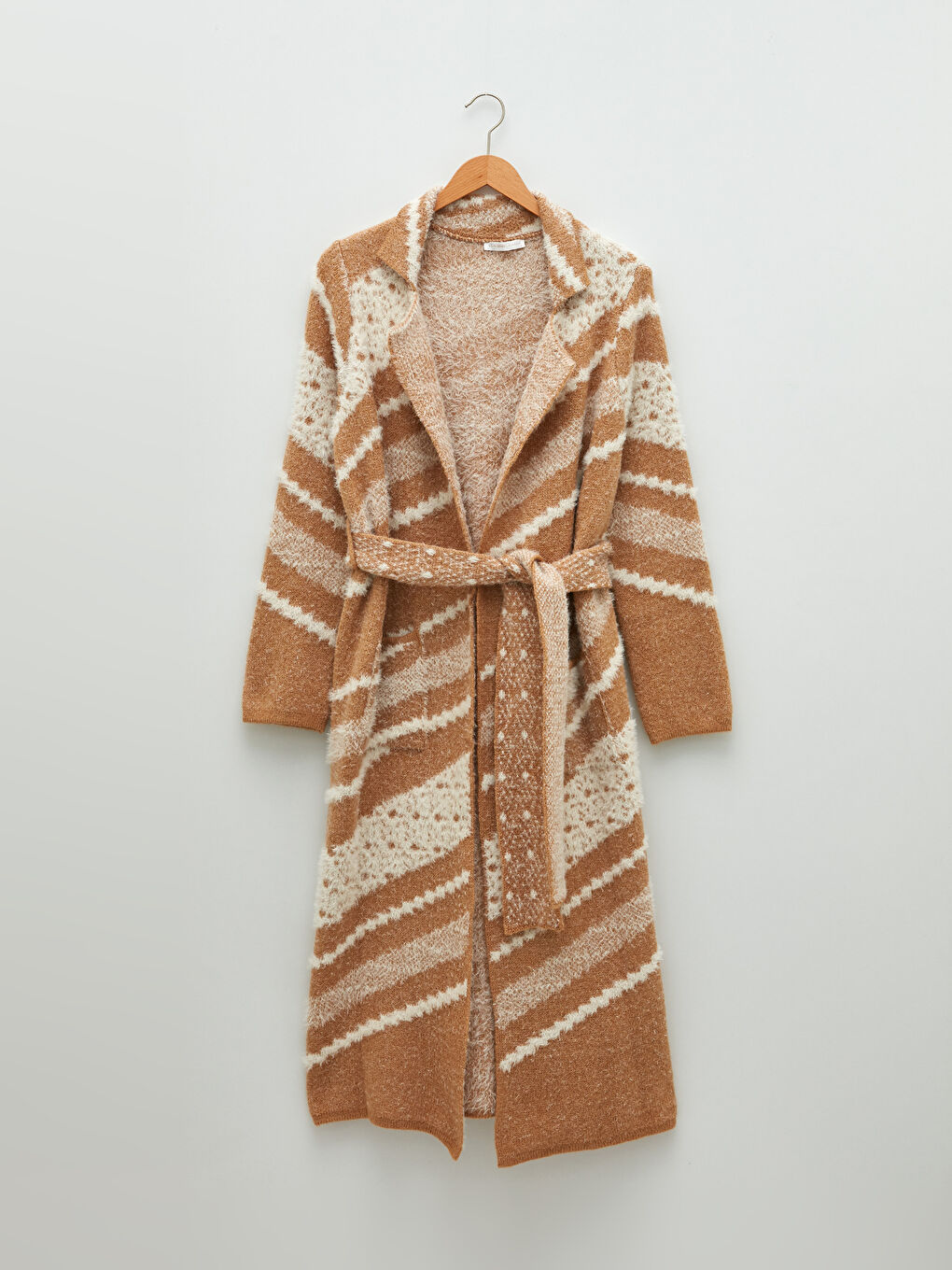 Ekru Polo Yaka Desenli Uzun Kollu Kadın Triko Hırka-5