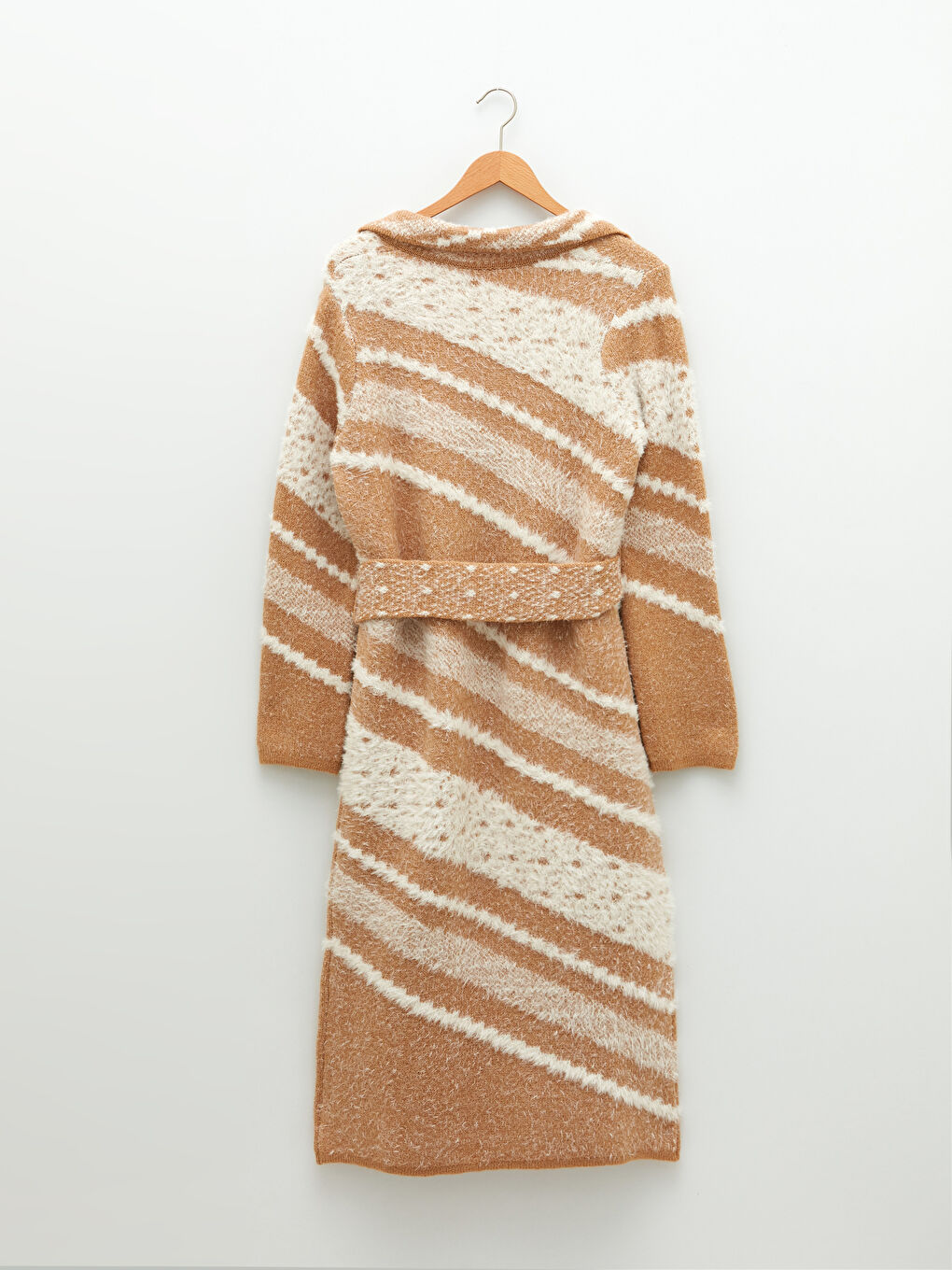 Ekru Polo Yaka Desenli Uzun Kollu Kadın Triko Hırka-6