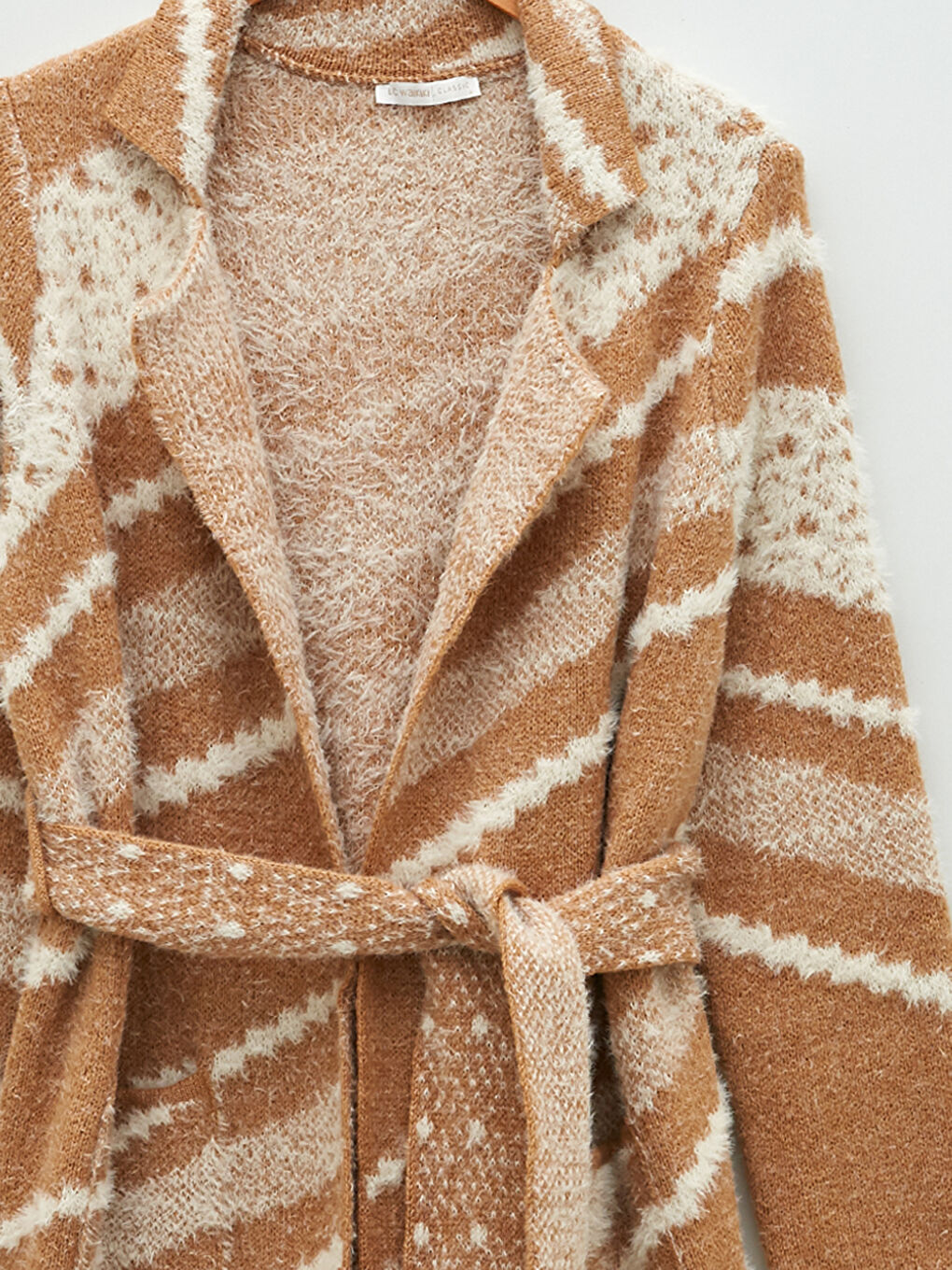 Ekru Polo Yaka Desenli Uzun Kollu Kadın Triko Hırka-7