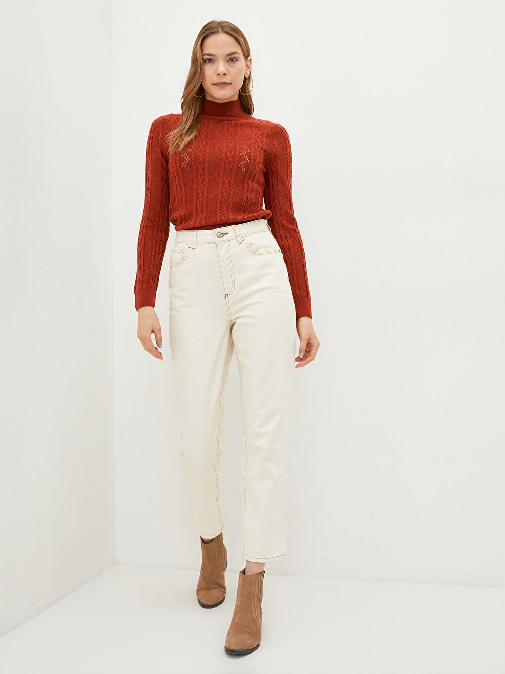 Turuncu Yarım Balıkçı Yaka Kendinden Desenli Uzun Kollu Kadın Triko Kazak-1