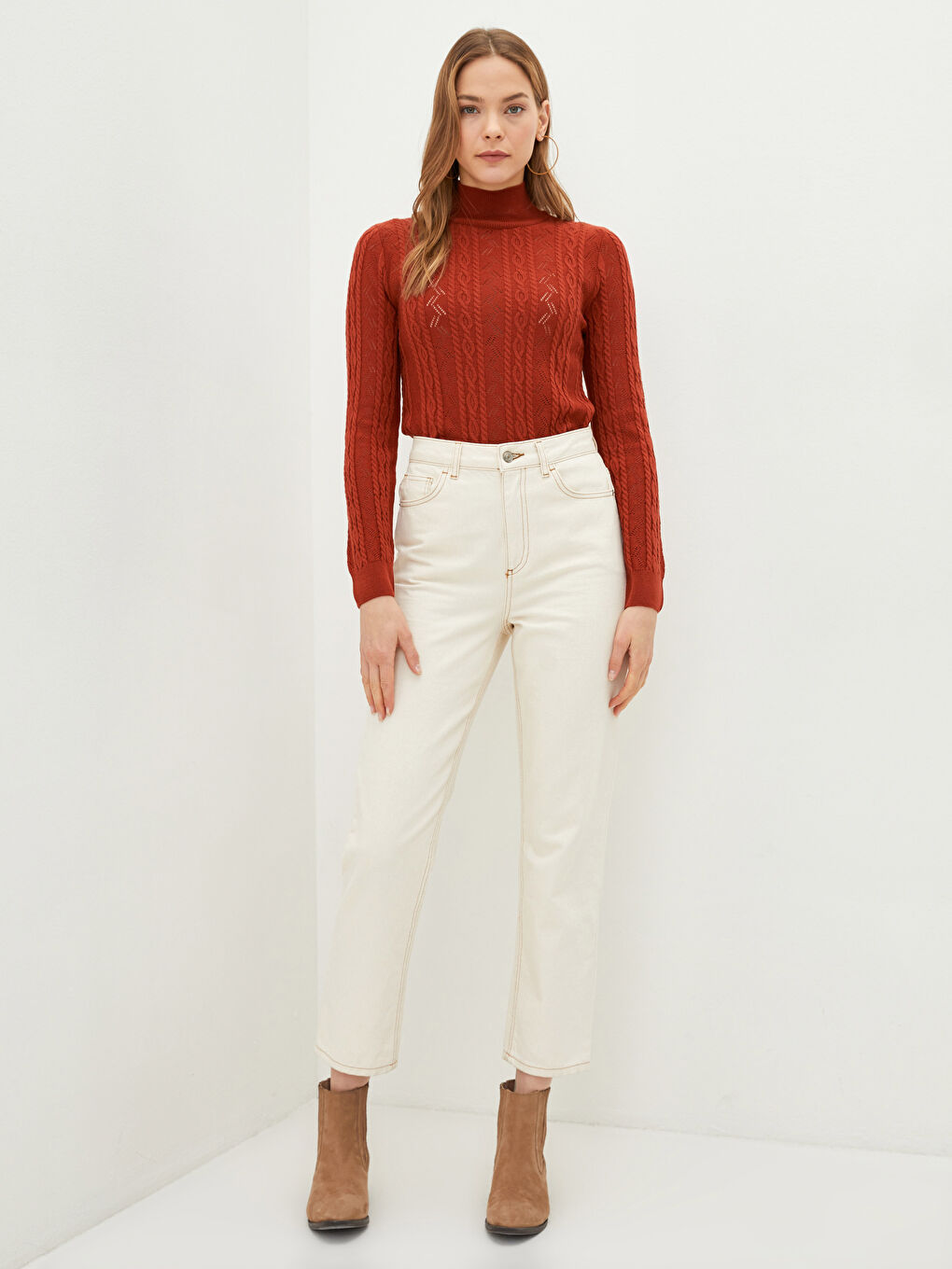 Turuncu Yarım Balıkçı Yaka Kendinden Desenli Uzun Kollu Kadın Triko Kazak-2