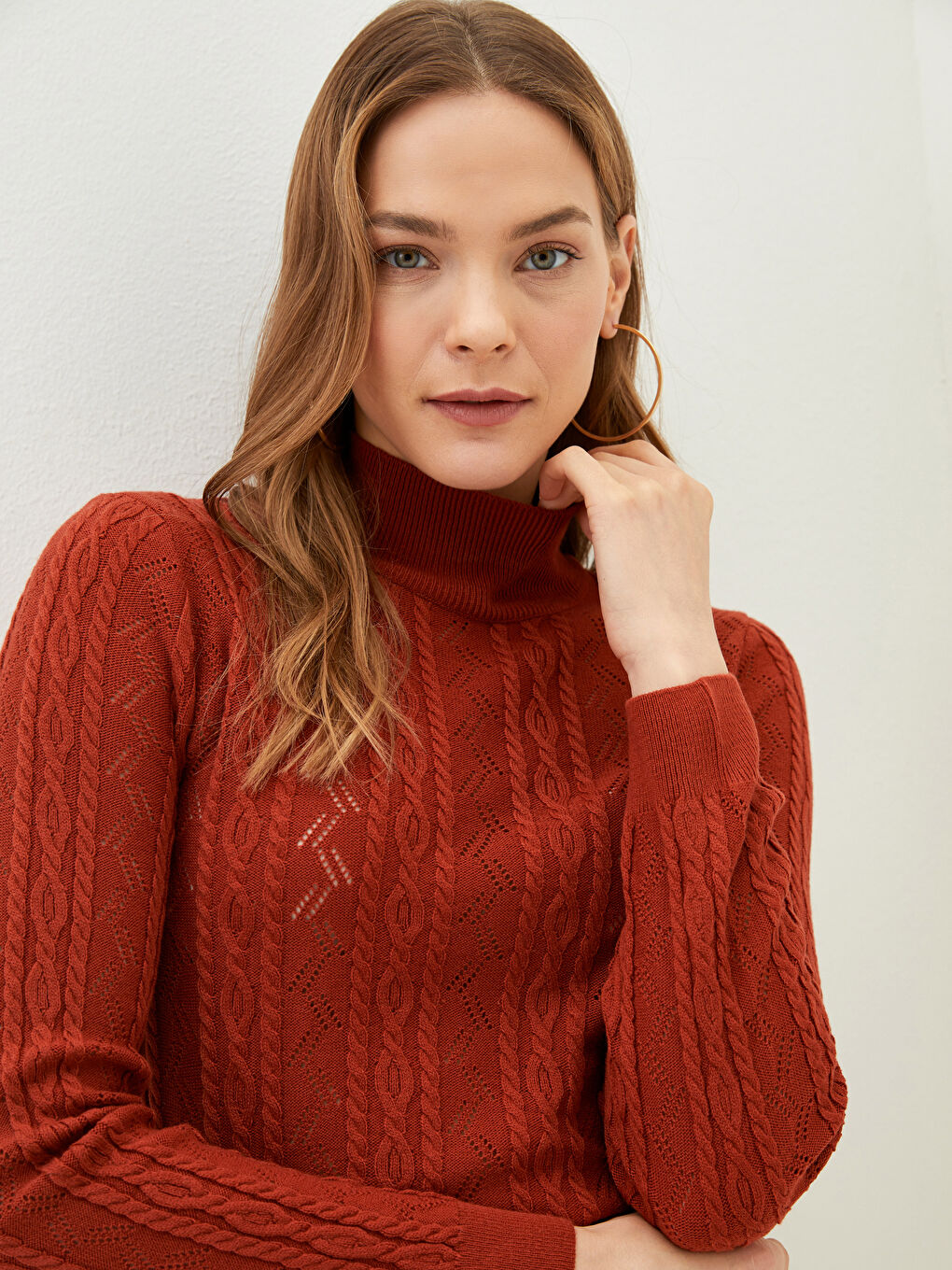 Turuncu Yarım Balıkçı Yaka Kendinden Desenli Uzun Kollu Kadın Triko Kazak-3