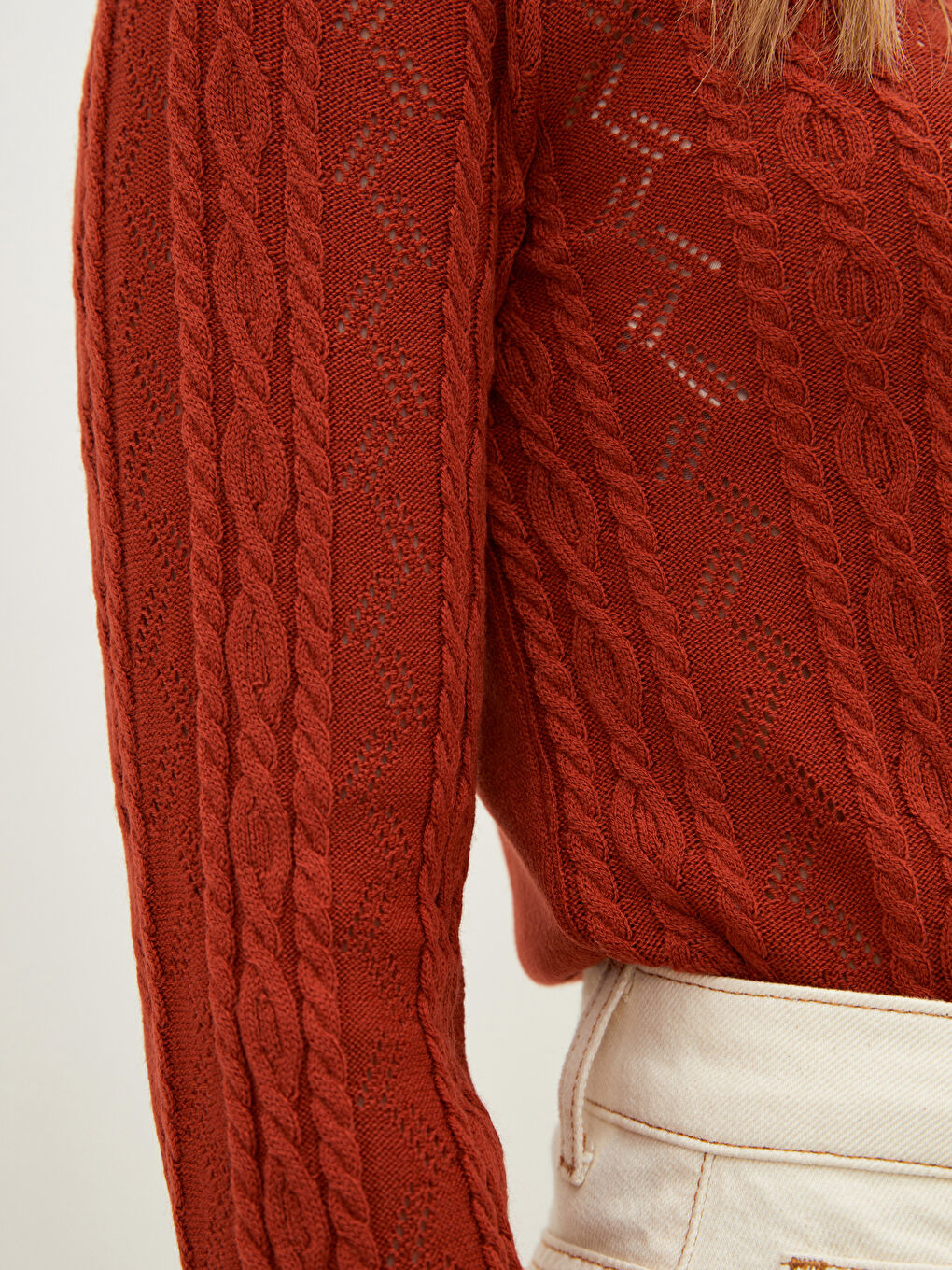 Turuncu Yarım Balıkçı Yaka Kendinden Desenli Uzun Kollu Kadın Triko Kazak-4