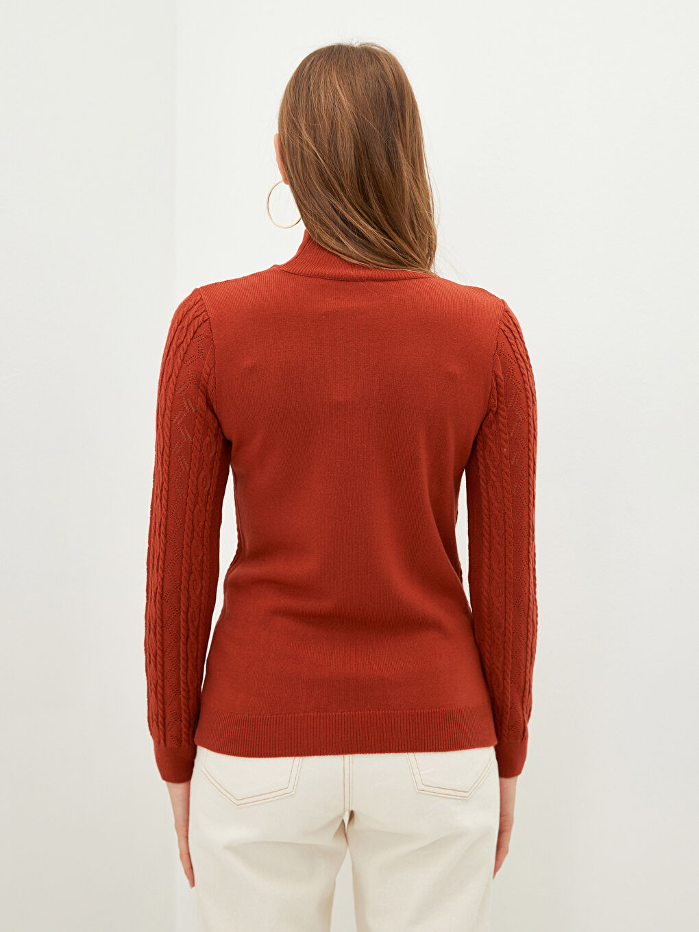 Turuncu Yarım Balıkçı Yaka Kendinden Desenli Uzun Kollu Kadın Triko Kazak-5