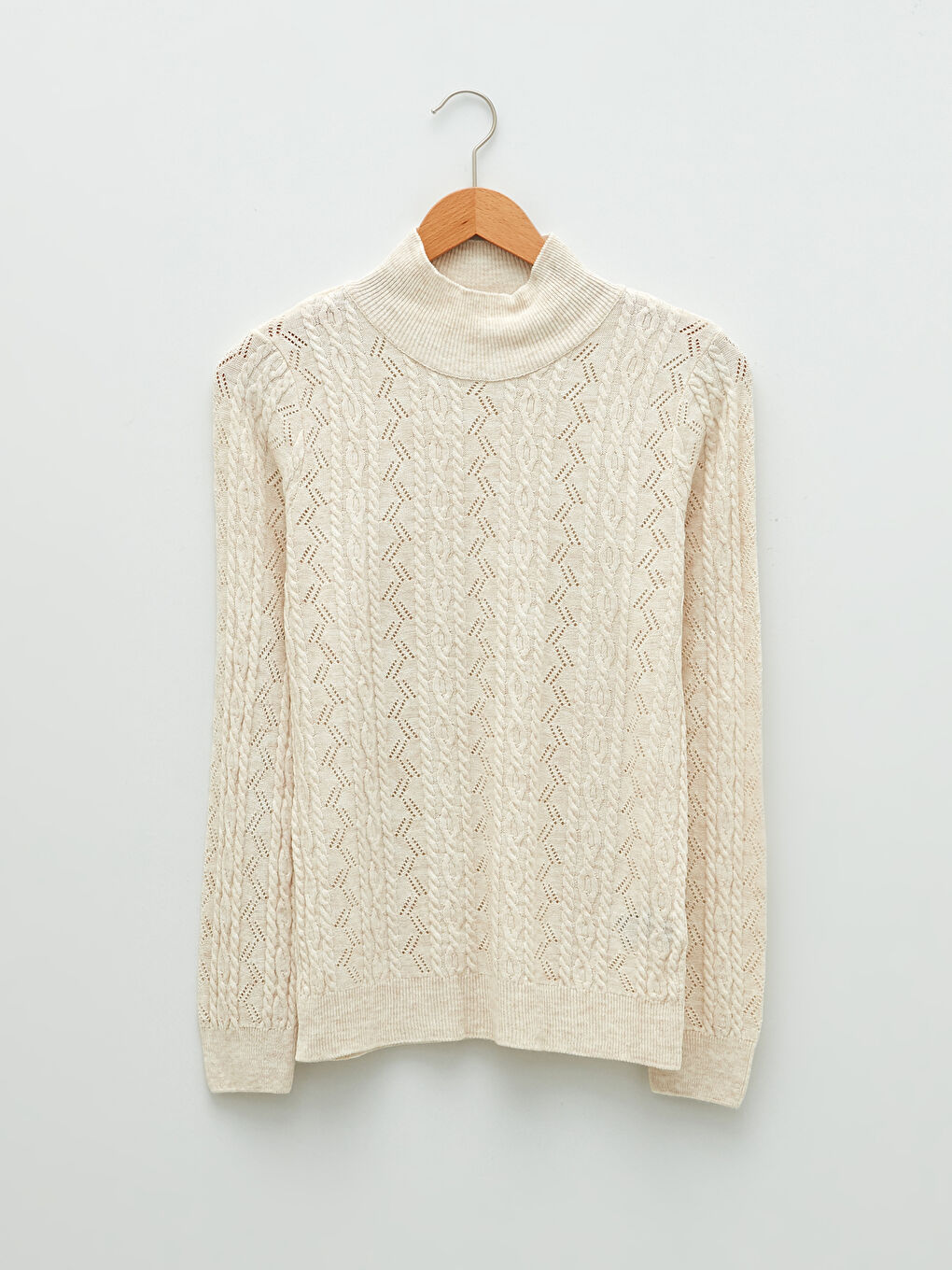 Ekru Yarım Balıkçı Yaka Kendinden Desenli Uzun Kollu Kadın Triko Kazak-5