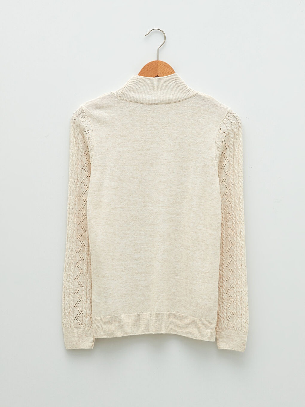 Ekru Yarım Balıkçı Yaka Kendinden Desenli Uzun Kollu Kadın Triko Kazak-6