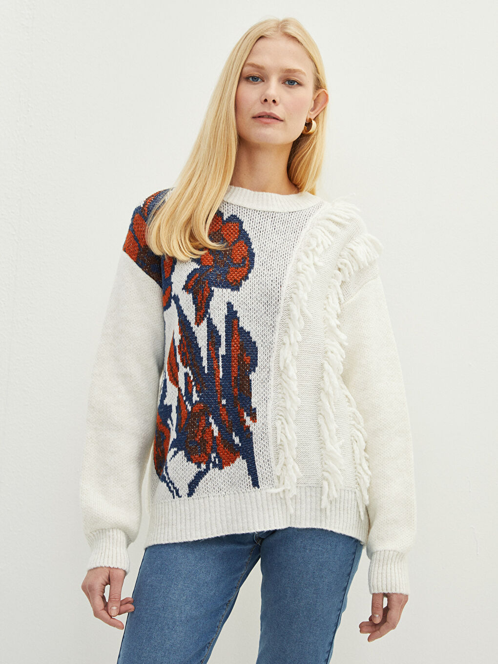 Ekru Bisiklet Yaka Desenli Uzun Kollu Kadın Triko Kazak