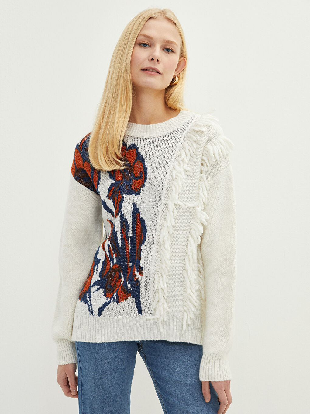 Ekru Bisiklet Yaka Desenli Uzun Kollu Kadın Triko Kazak-1