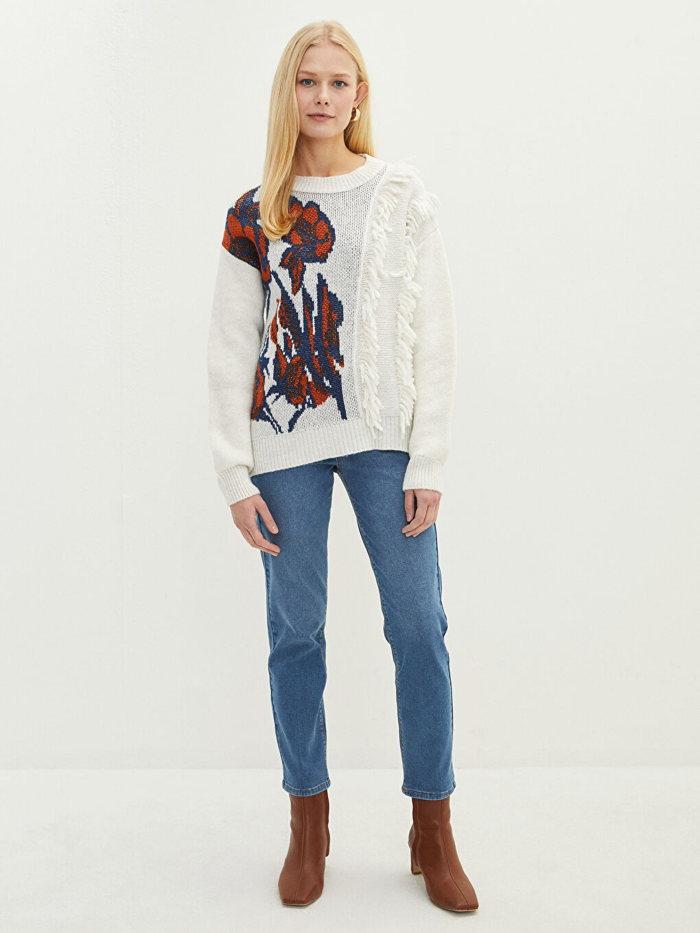 Ekru Bisiklet Yaka Desenli Uzun Kollu Kadın Triko Kazak-2