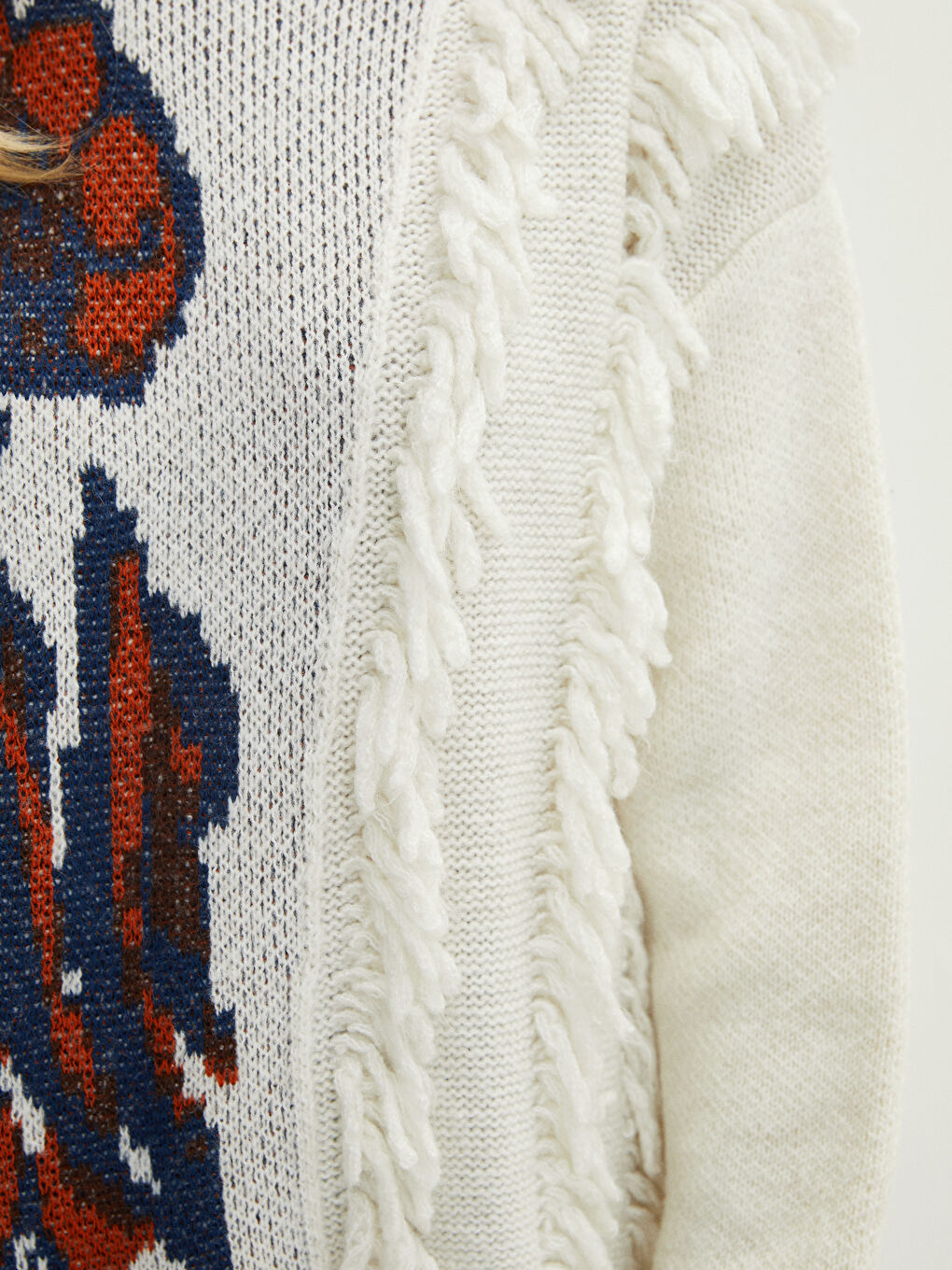 Ekru Bisiklet Yaka Desenli Uzun Kollu Kadın Triko Kazak-3