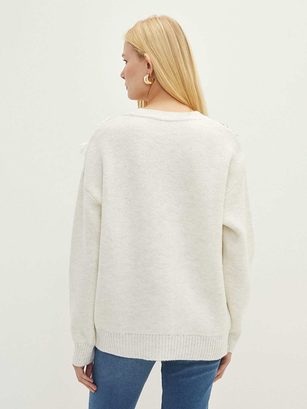 Ekru Bisiklet Yaka Desenli Uzun Kollu Kadın Triko Kazak-4