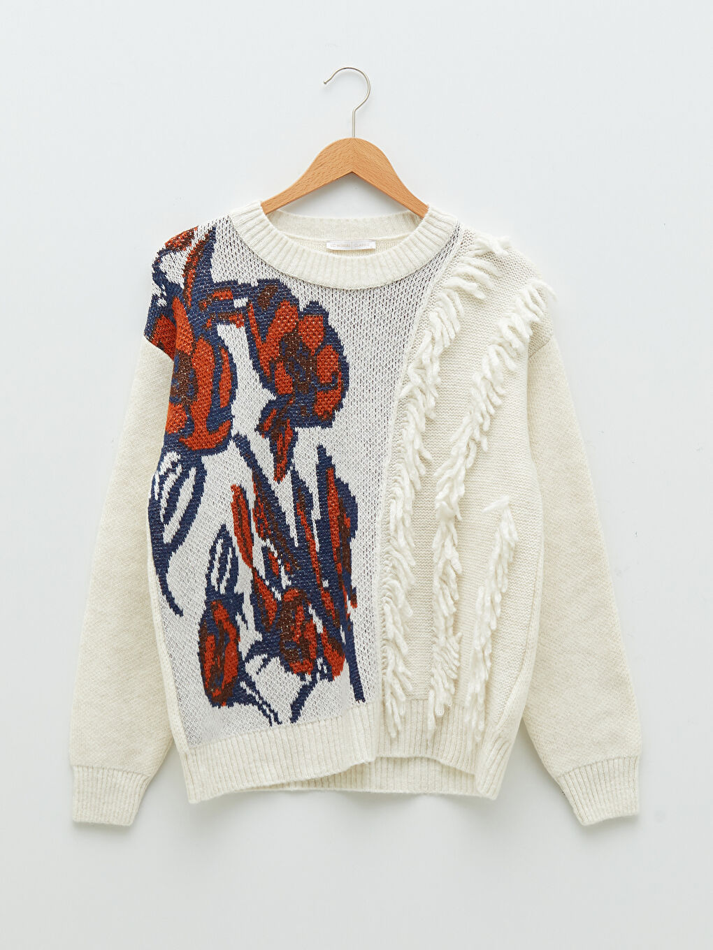 Ekru Bisiklet Yaka Desenli Uzun Kollu Kadın Triko Kazak-5