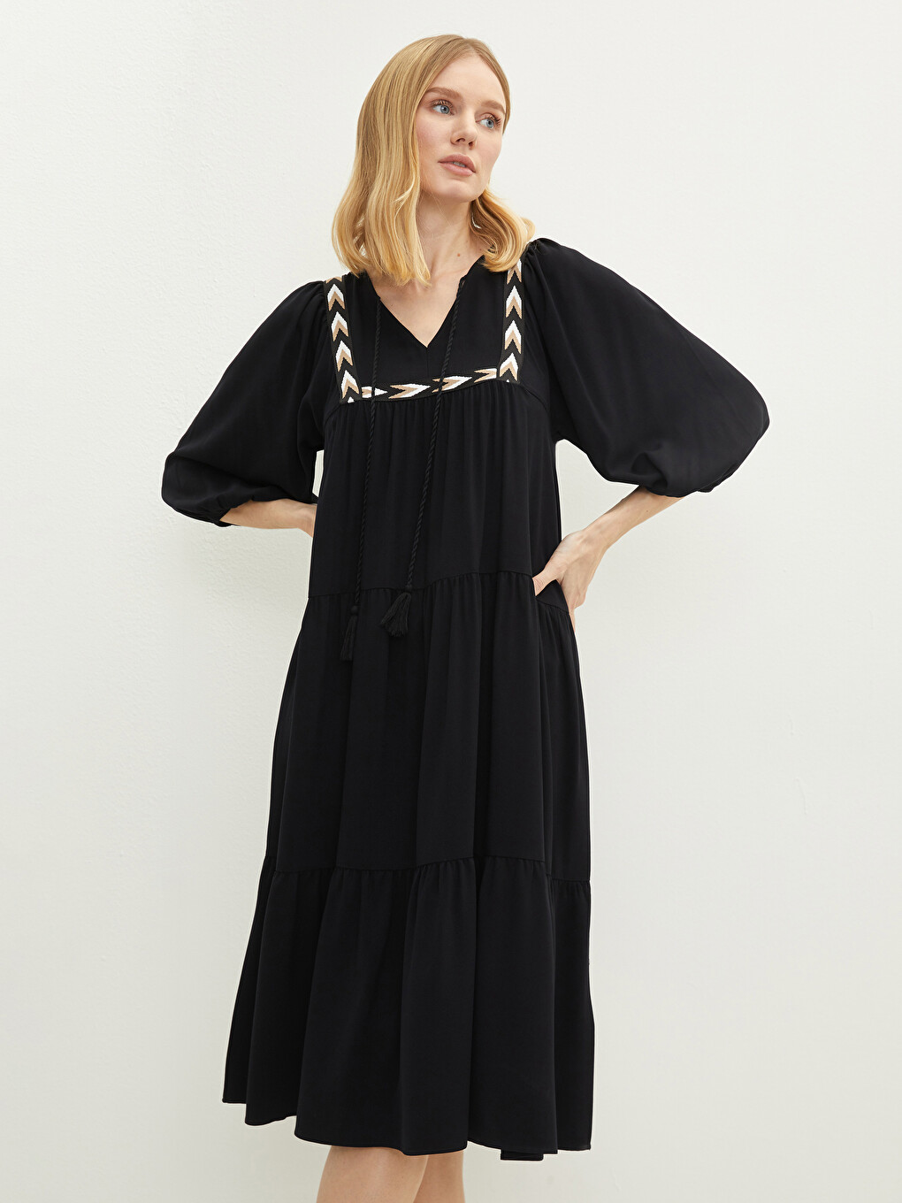 Tie Collar Patterned Long Sleeve Viscose Women's Dress