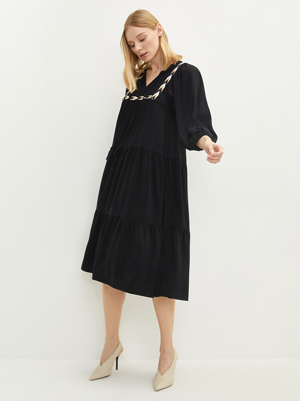 Tie Collar Patterned Long Sleeve Viscose Women's Dress-1