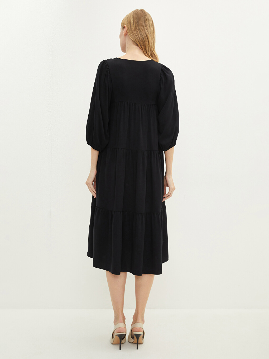 Tie Collar Patterned Long Sleeve Viscose Women's Dress-3