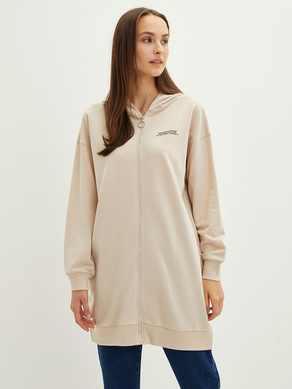 LCW Modest Hooded Slogan Printed Long Sleeve Women's Sports Cardigan -W1KT83Z8-S0U