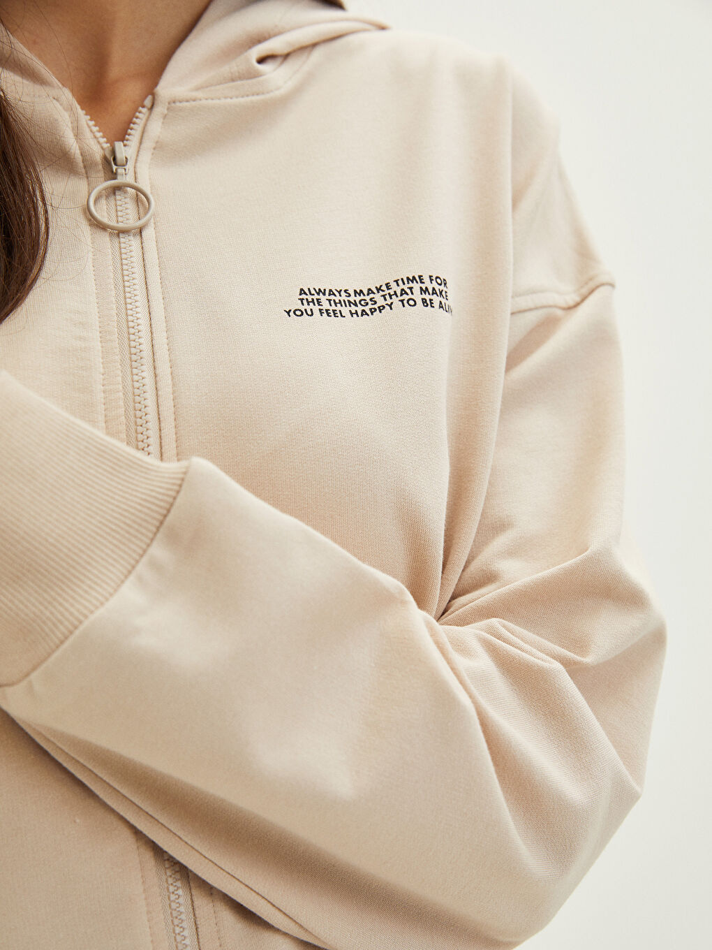 LCW Modest Hooded Slogan Printed Long Sleeve Women's Sports Cardigan -W1KT83Z8-S0U