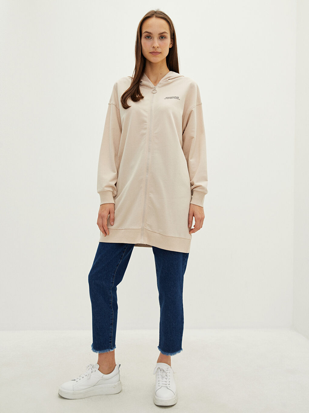 LCW Modest Hooded Slogan Printed Long Sleeve Women's Sports Cardigan -W1KT83Z8-S0U